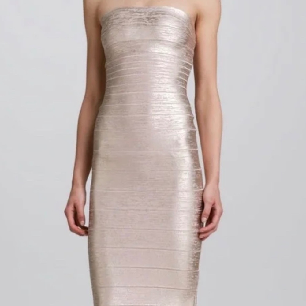 Herve Leger - Strapless Bandage Dress in Rose Gold. Cocktail Length.